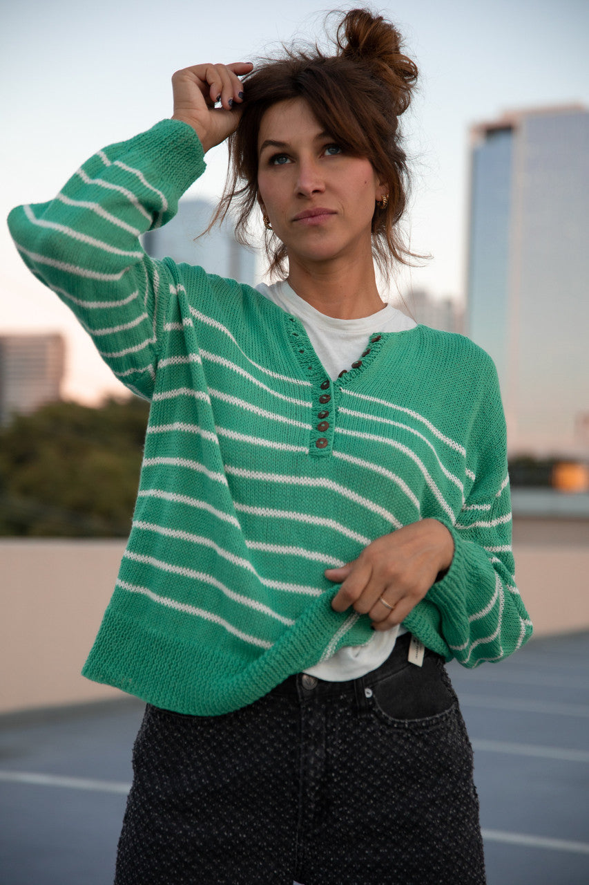 Aiden Classic Breton Style Henley in Green and White Stripe Made to Order