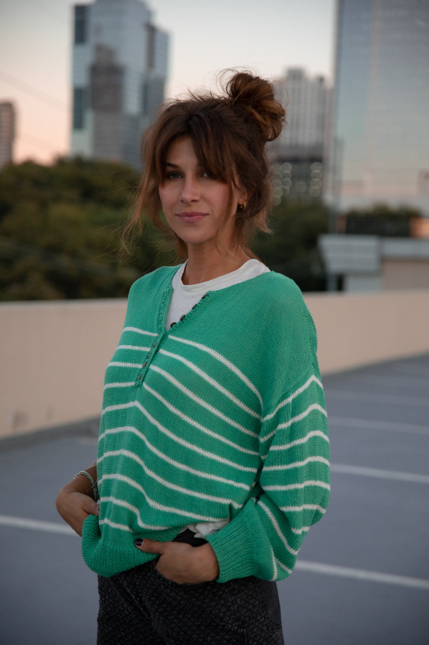 Aiden Classic Breton Style Henley in Green and White Stripe Made to Order