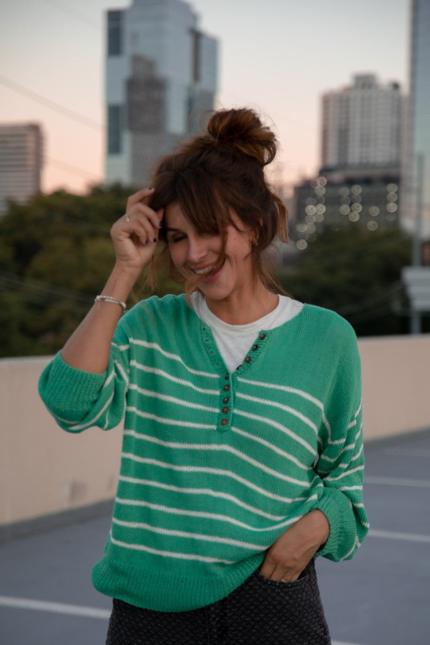 Aiden Classic Breton Style Henley in Green and White Stripe Made to Order