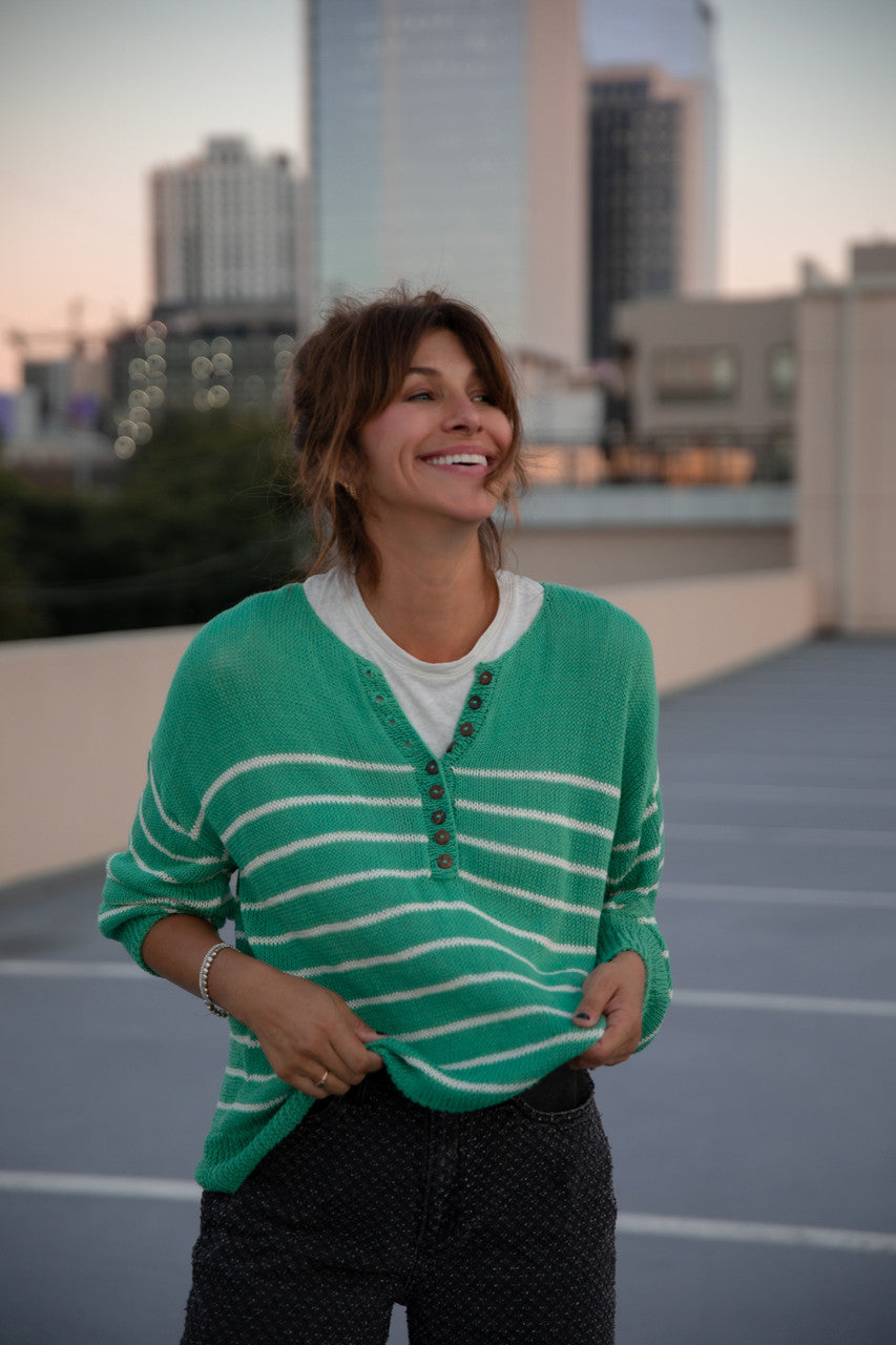 Aiden Classic Breton Style Henley in Green and White Stripe Made to Order