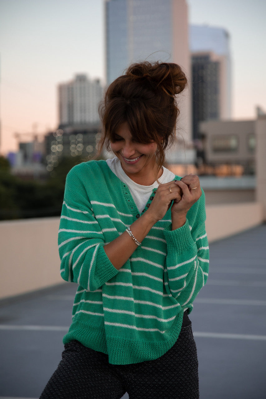 Aiden Classic Breton Style Henley in Green and White Stripe Made to Order