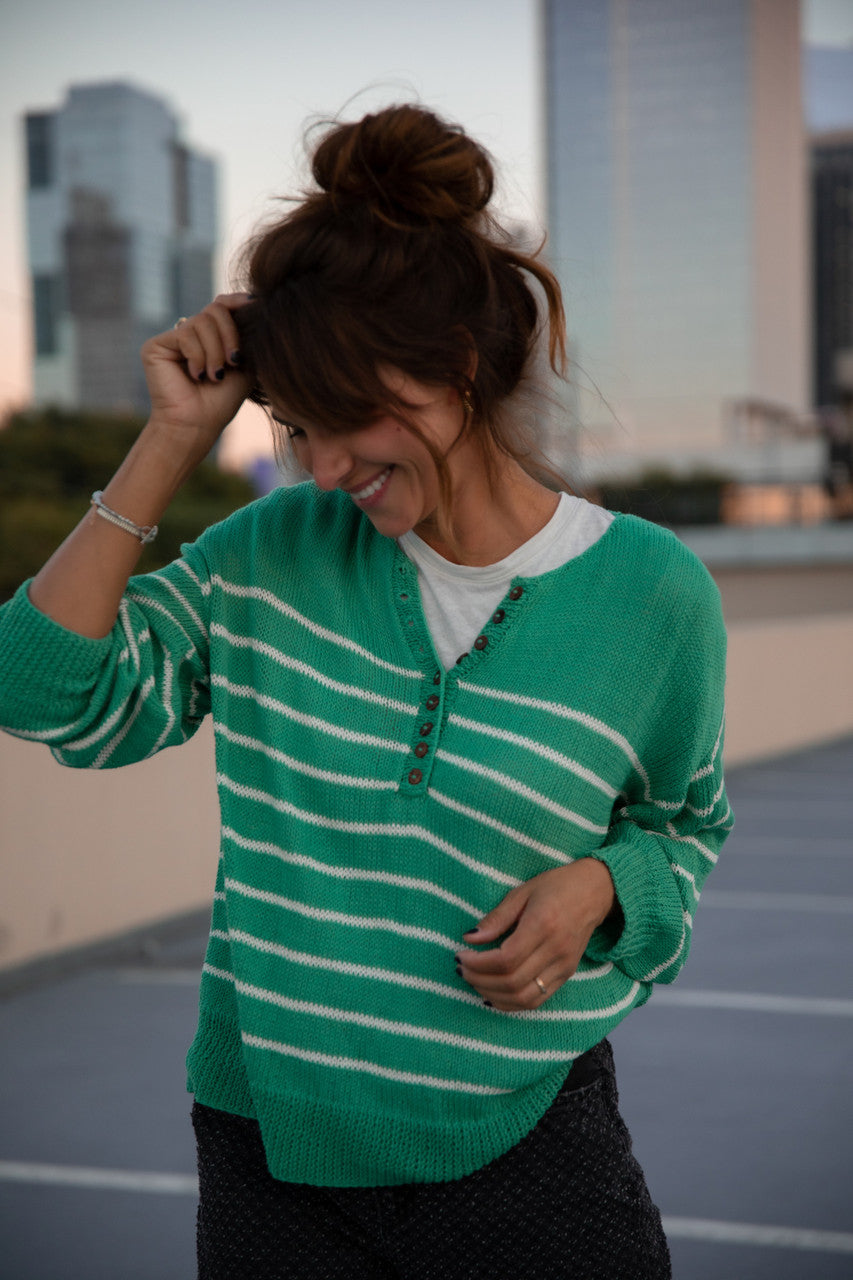 Aiden Classic Breton Style Henley in Green and White Stripe Made to Order