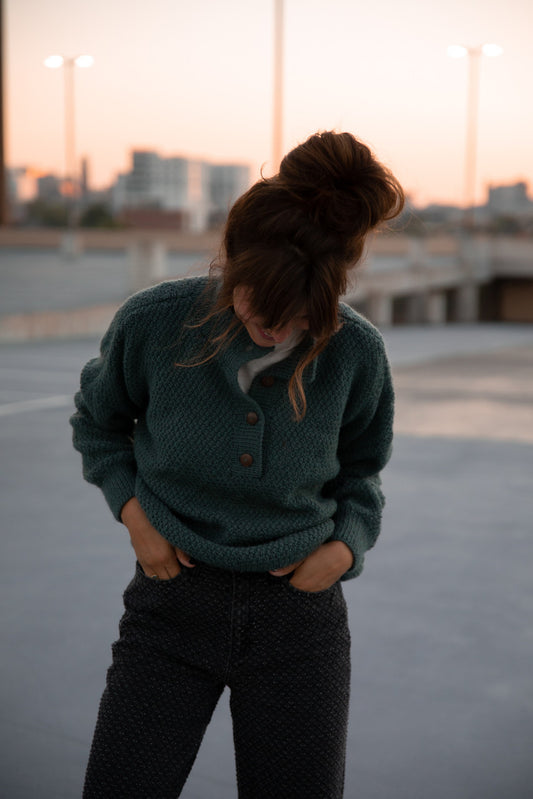 Imogene Oversized Wool Henley in Aqua Slate Made to Order