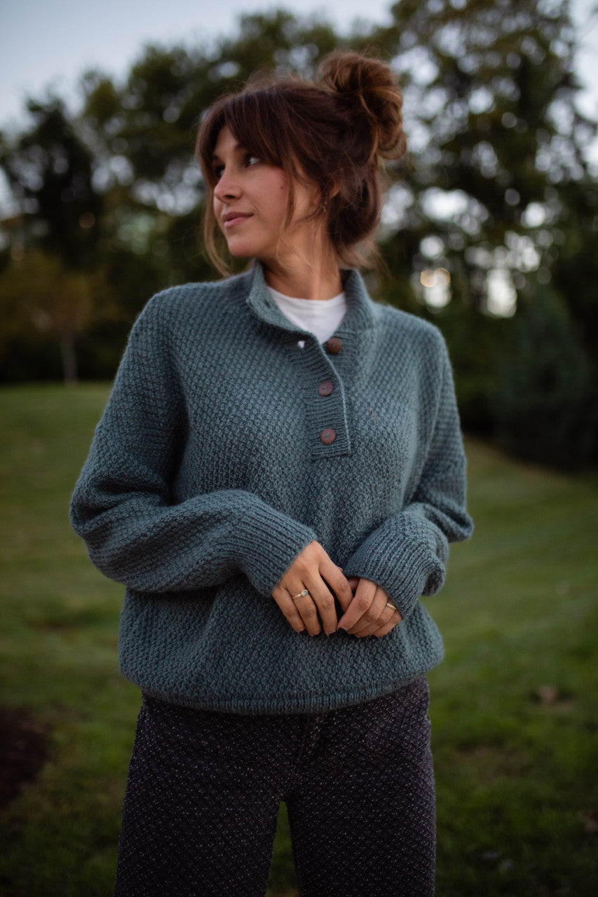 Imogene Oversized Wool Henley in Aqua Slate Made to Order