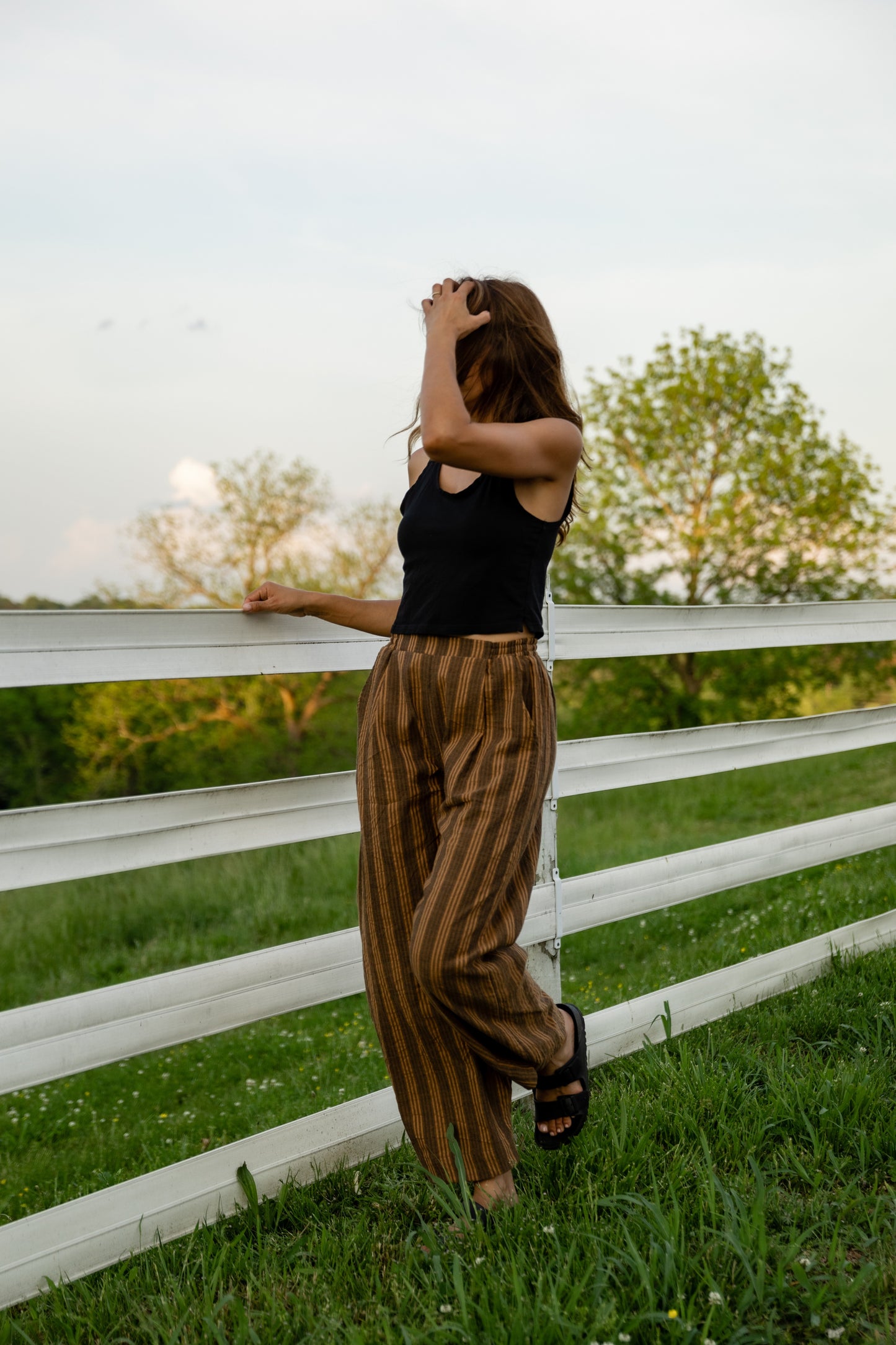 Katie Handwoven Cotton Pants in Brown and Mustard Stripe Made to Order
