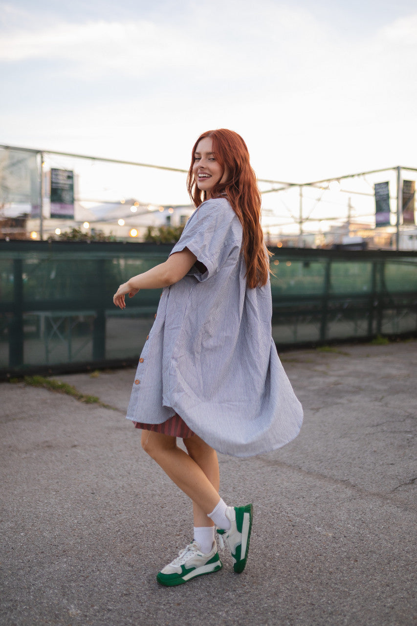 Paige Handwoven Cotton Relaxed Shirt Dress in Blue and White Pin-Stripe