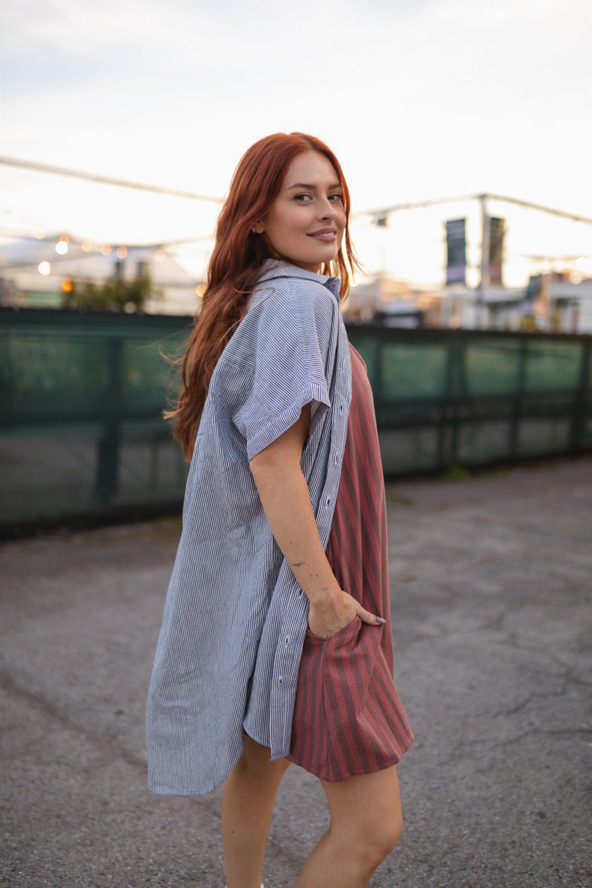 Paige Handwoven Cotton Relaxed Shirt Dress in Blue and White Pin-Stripe