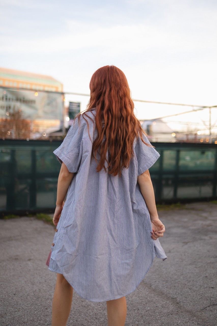 Paige Handwoven Cotton Relaxed Shirt Dress in Blue and White Pin-Stripe