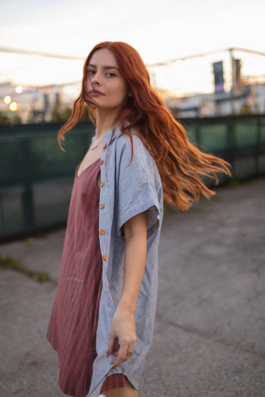 Paige Handwoven Cotton Relaxed Shirt Dress in Blue and White Pin-Stripe