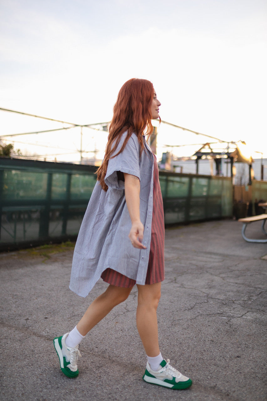 Paige Handwoven Cotton Relaxed Shirt Dress in Blue and White Pin-Stripe