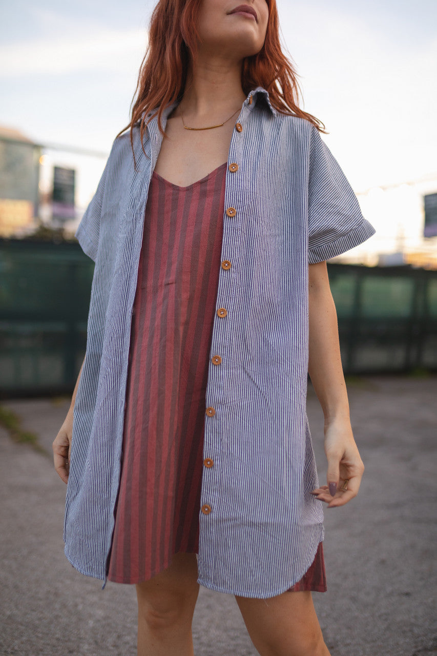 Paige Handwoven Cotton Relaxed Shirt Dress in Blue and White Pin-Stripe