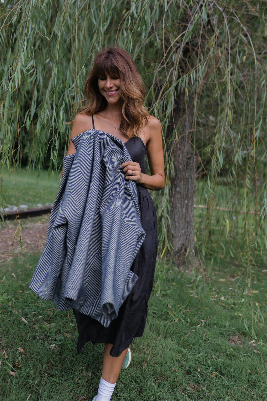 Portuguese Wool Pieper Coat in Navy and Cream Thin Herringbone Made to Order