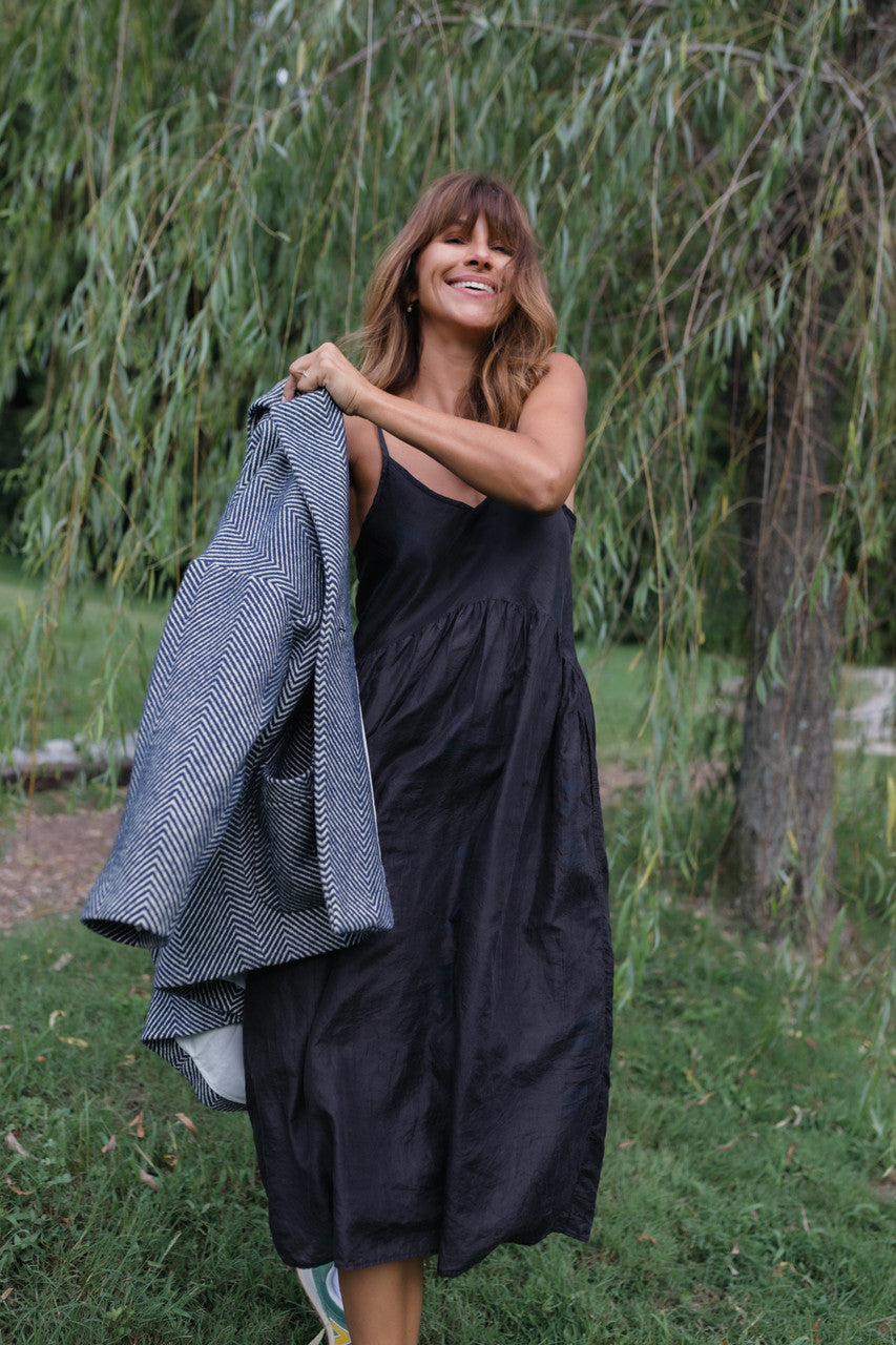 Portuguese Wool Pieper Coat in Navy and Cream Thin Herringbone Made to Order