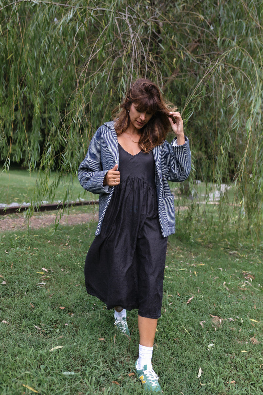 Portuguese Wool Pieper Coat in Navy and Cream Thin Herringbone Made to Order