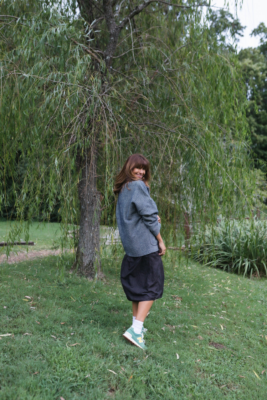 Portuguese Wool Pieper Coat in Navy and Cream Thin Herringbone Made to Order