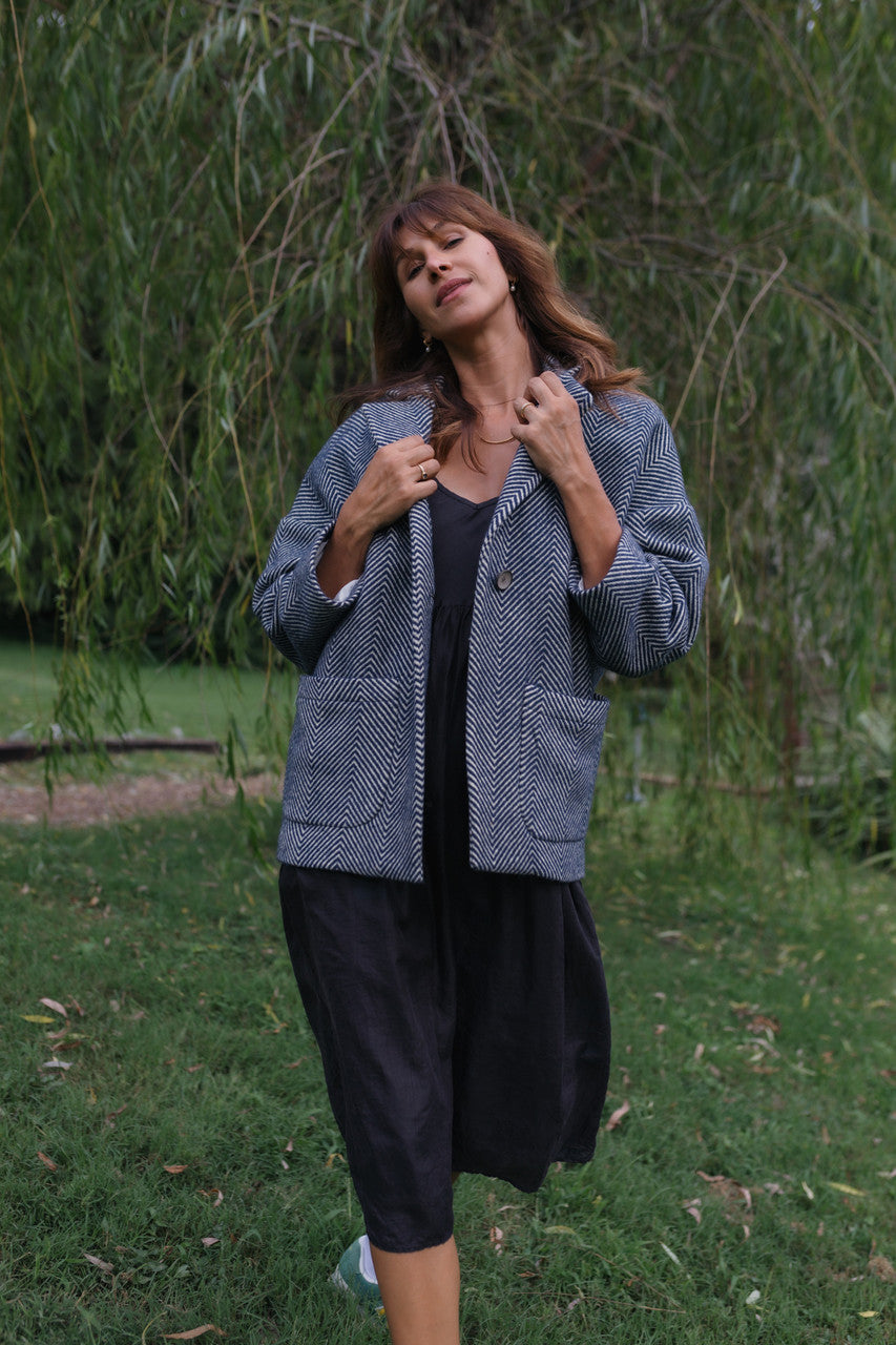 Portuguese Wool Pieper Coat in Navy and Cream Thin Herringbone Made to Order