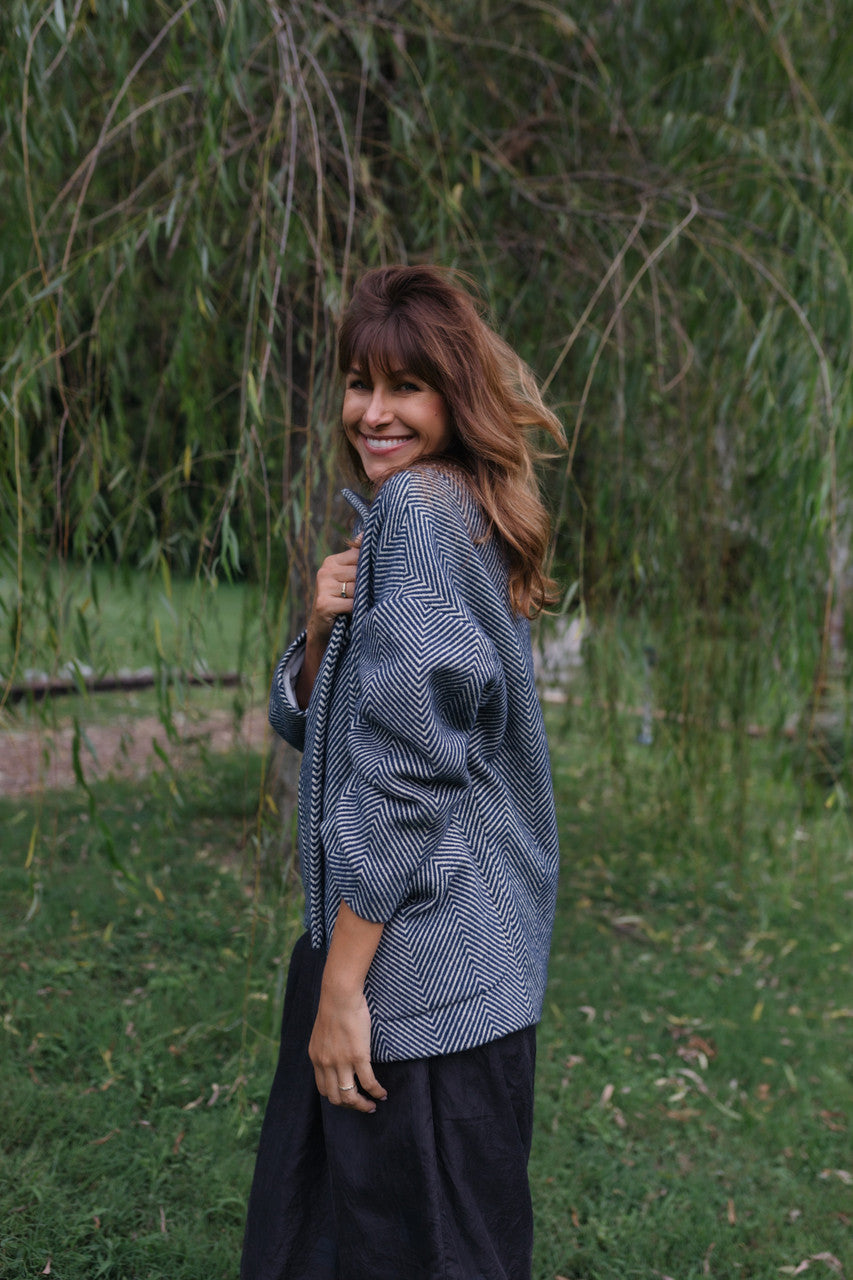 Portuguese Wool Pieper Coat in Navy and Cream Thin Herringbone Made to Order