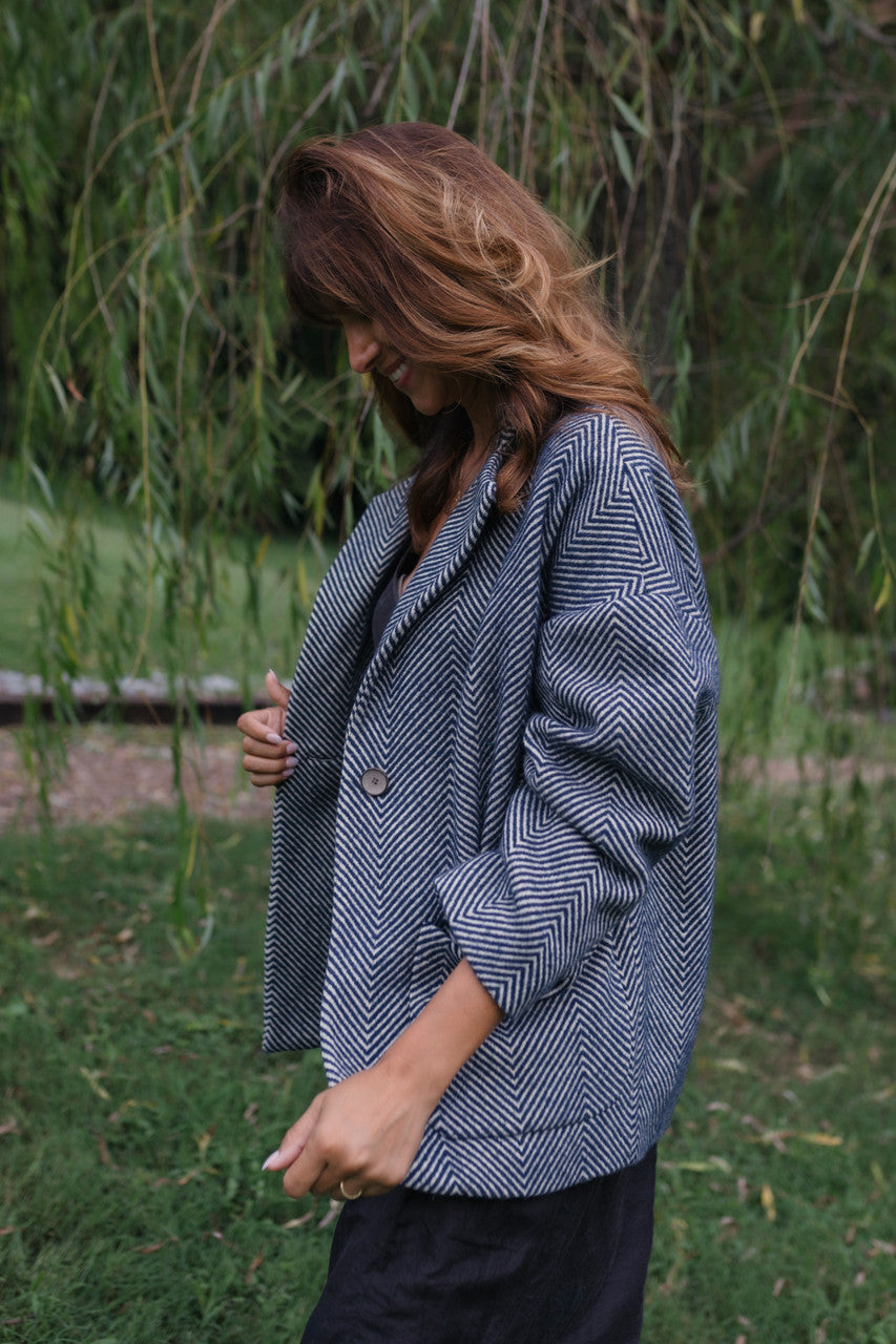 Portuguese Wool Pieper Coat in Navy and Cream Thin Herringbone Made to Order