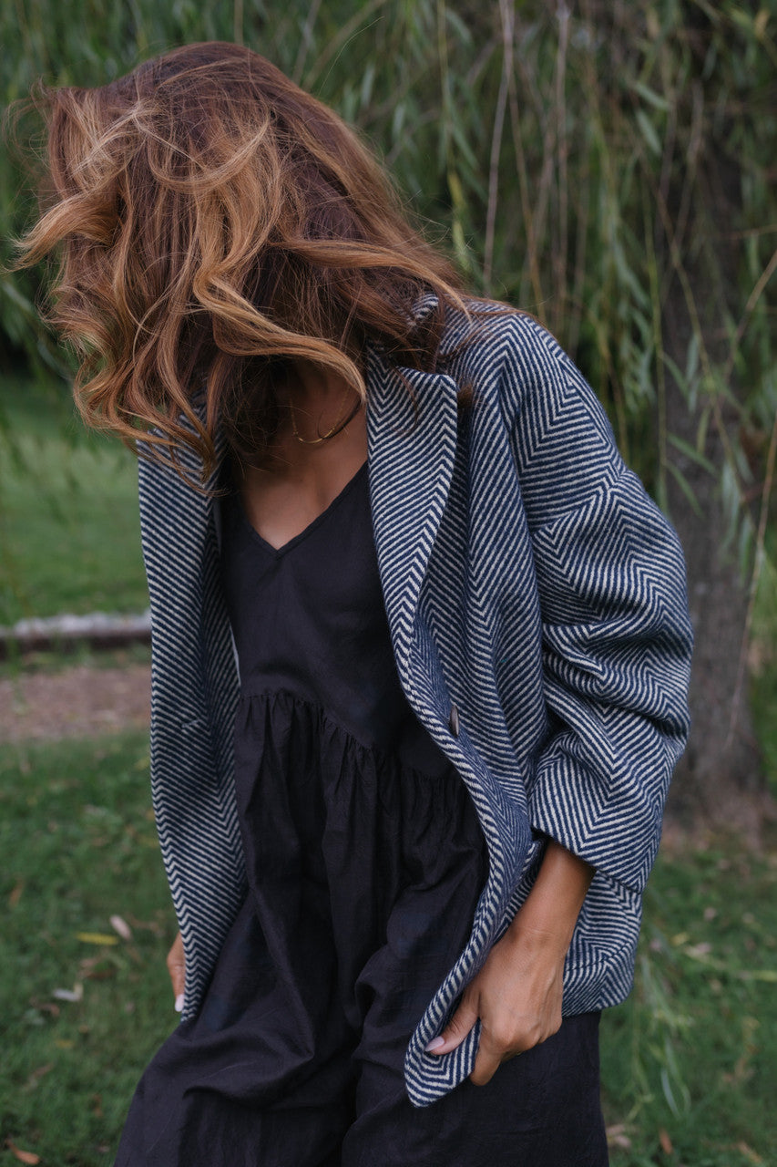 Portuguese Wool Pieper Coat in Navy and Cream Thin Herringbone Made to Order