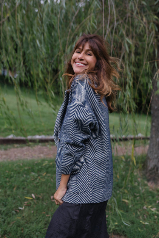 Portuguese Wool Pieper Coat in Navy and Cream Thin Herringbone Made to Order