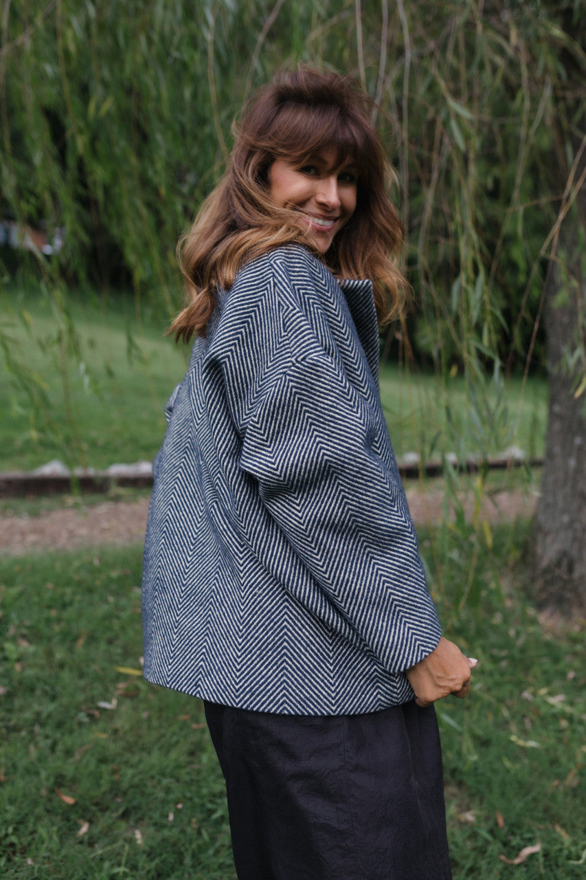 Portuguese Wool Pieper Coat in Navy and Cream Thin Herringbone Made to Order