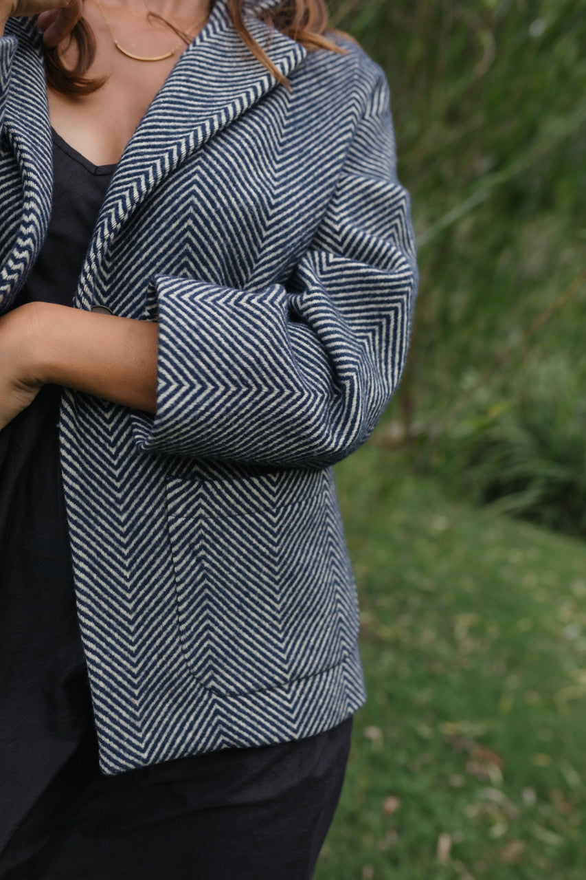 Portuguese Wool Pieper Coat in Navy and Cream Thin Herringbone Made to Order