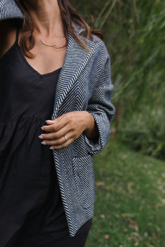Portuguese Wool Pieper Coat in Navy and Cream Thin Herringbone Made to Order