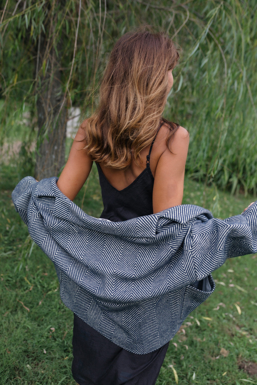 Portuguese Wool Pieper Coat in Navy and Cream Thin Herringbone Made to Order