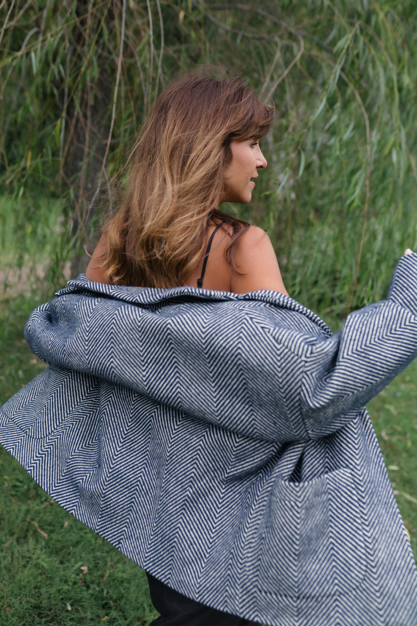 Portuguese Wool Pieper Coat in Navy and Cream Thin Herringbone Made to Order