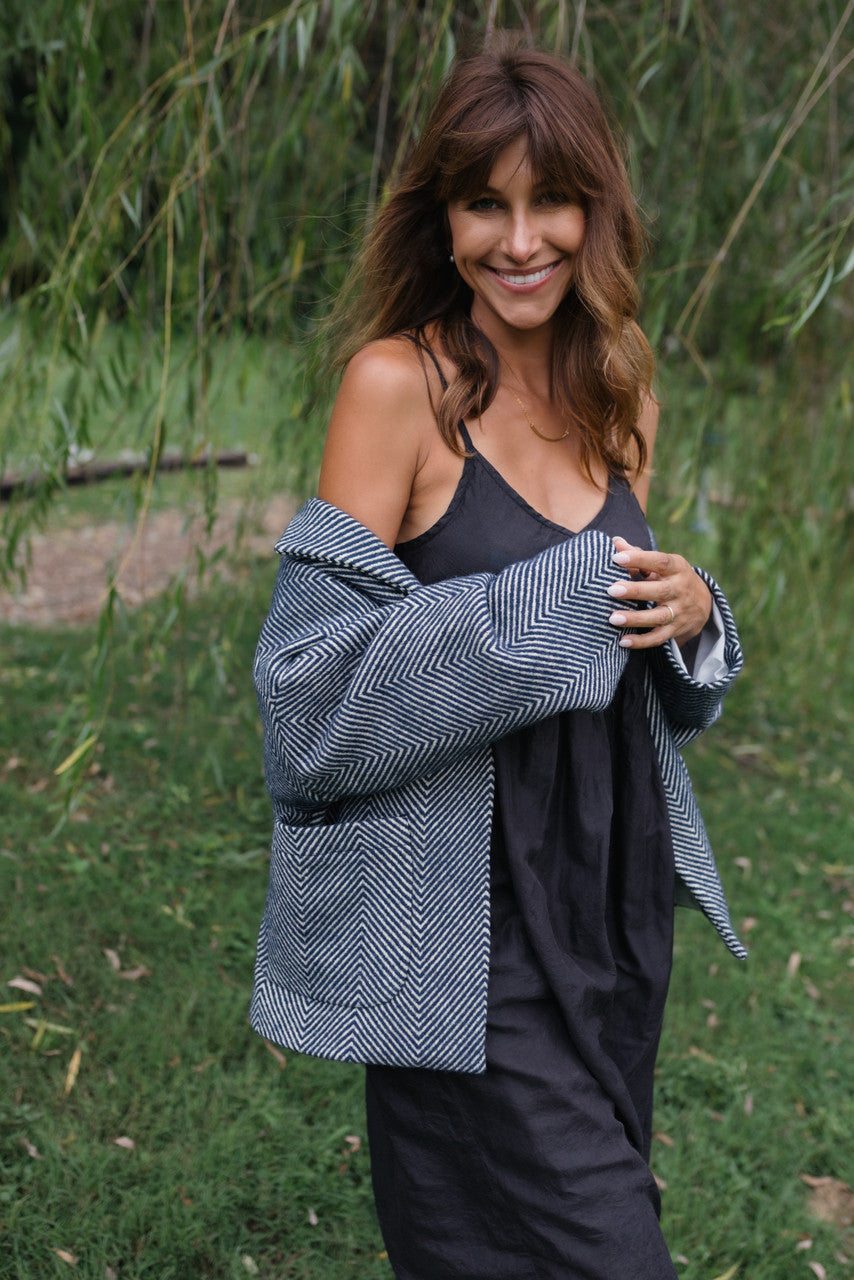 Portuguese Wool Pieper Coat in Navy and Cream Thin Herringbone Made to Order