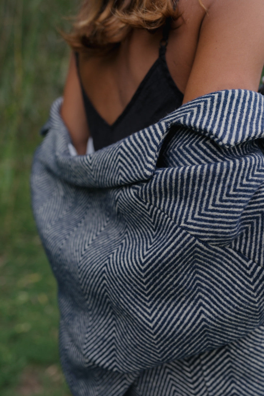 Portuguese Wool Pieper Coat in Navy and Cream Thin Herringbone Made to Order