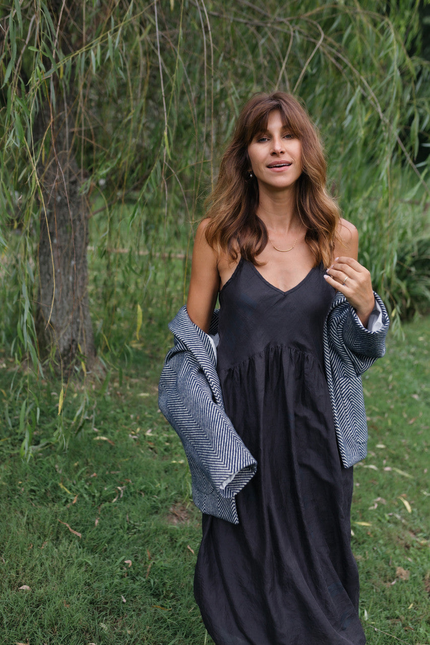 Portuguese Wool Pieper Coat in Navy and Cream Thin Herringbone Made to Order