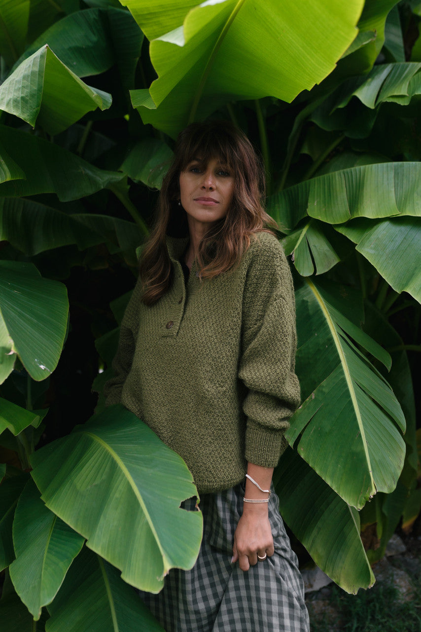 Imogene Oversized Wool Henley in Moss Made to Order