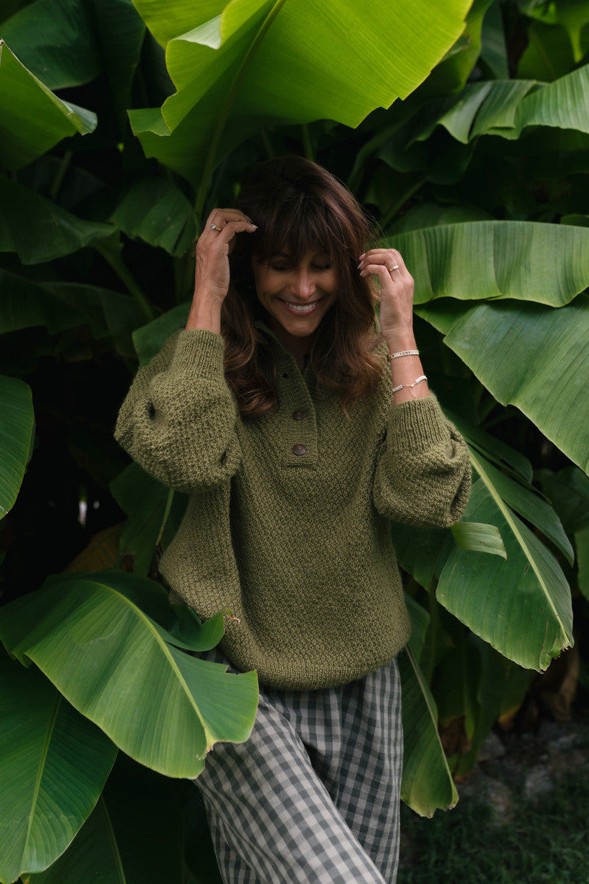 Imogene Oversized Wool Henley in Moss Made to Order