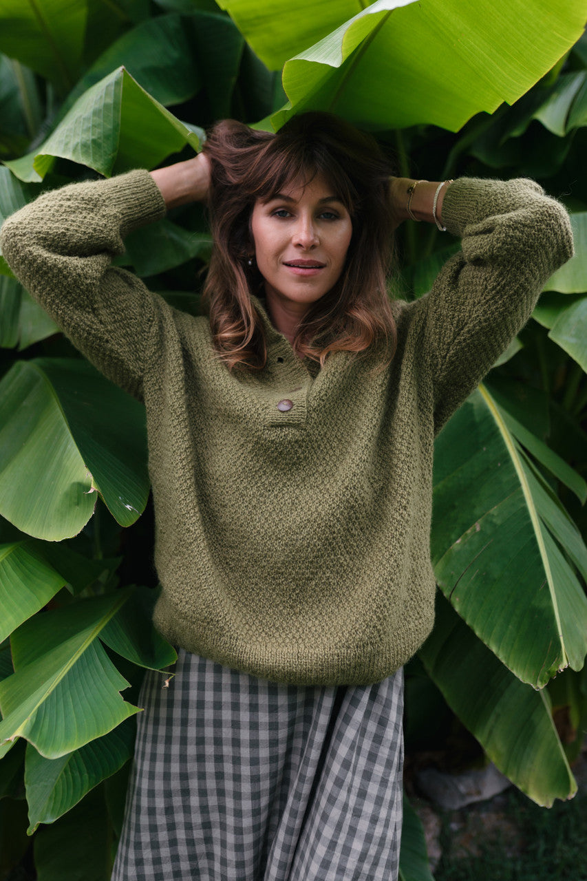 Imogene Oversized Wool Henley in Moss Made to Order