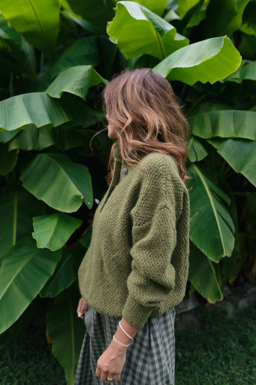 Imogene Oversized Wool Henley in Moss Made to Order