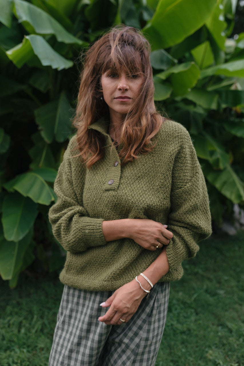 Imogene Oversized Wool Henley in Moss Made to Order