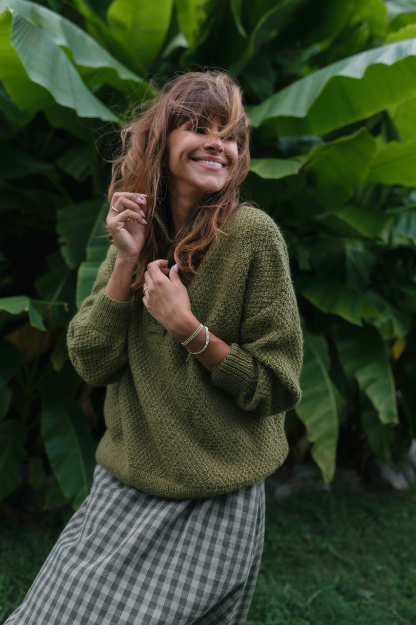 Imogene Oversized Wool Henley in Moss Made to Order