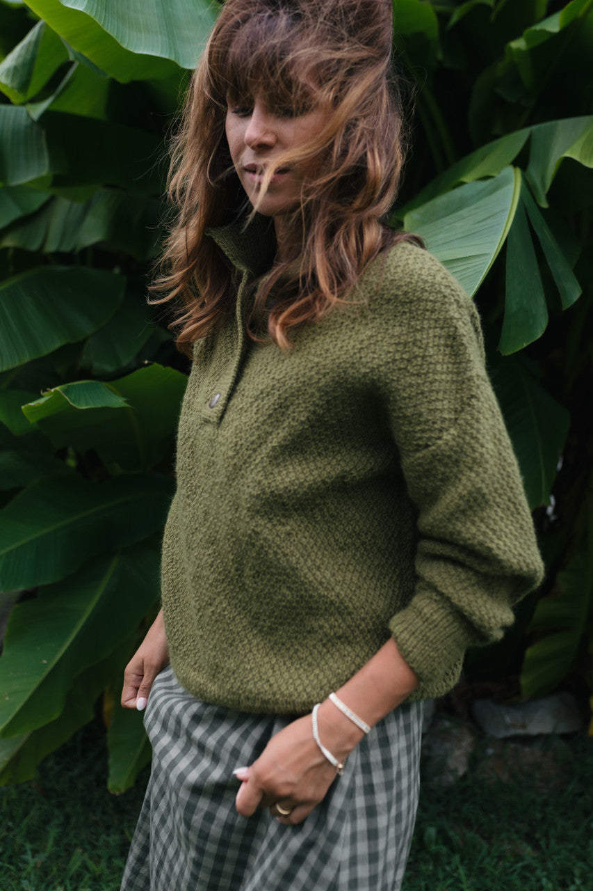 Imogene Oversized Wool Henley in Moss Made to Order