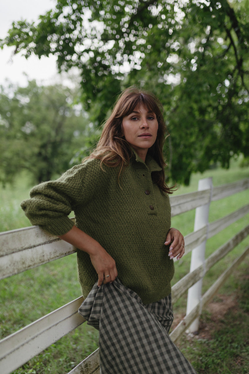 Imogene Oversized Wool Henley in Moss Made to Order