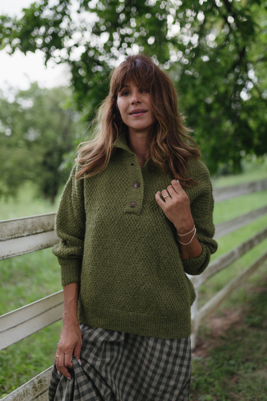 Imogene Oversized Wool Henley in Moss Made to Order