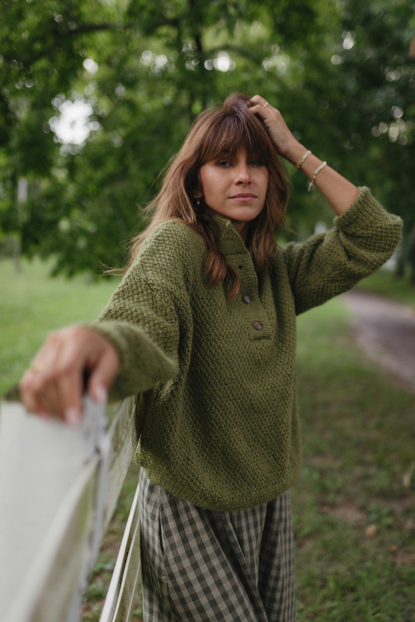 Imogene Oversized Wool Henley in Moss Made to Order