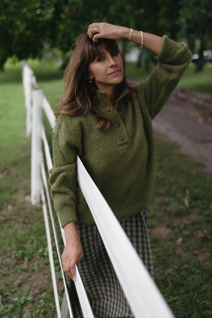 Imogene Oversized Wool Henley in Moss Made to Order