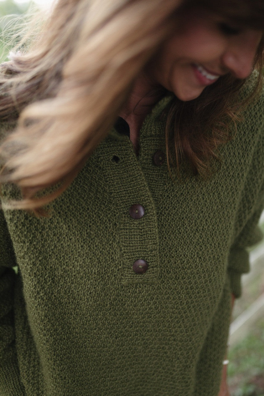 Imogene Oversized Wool Henley in Moss Made to Order