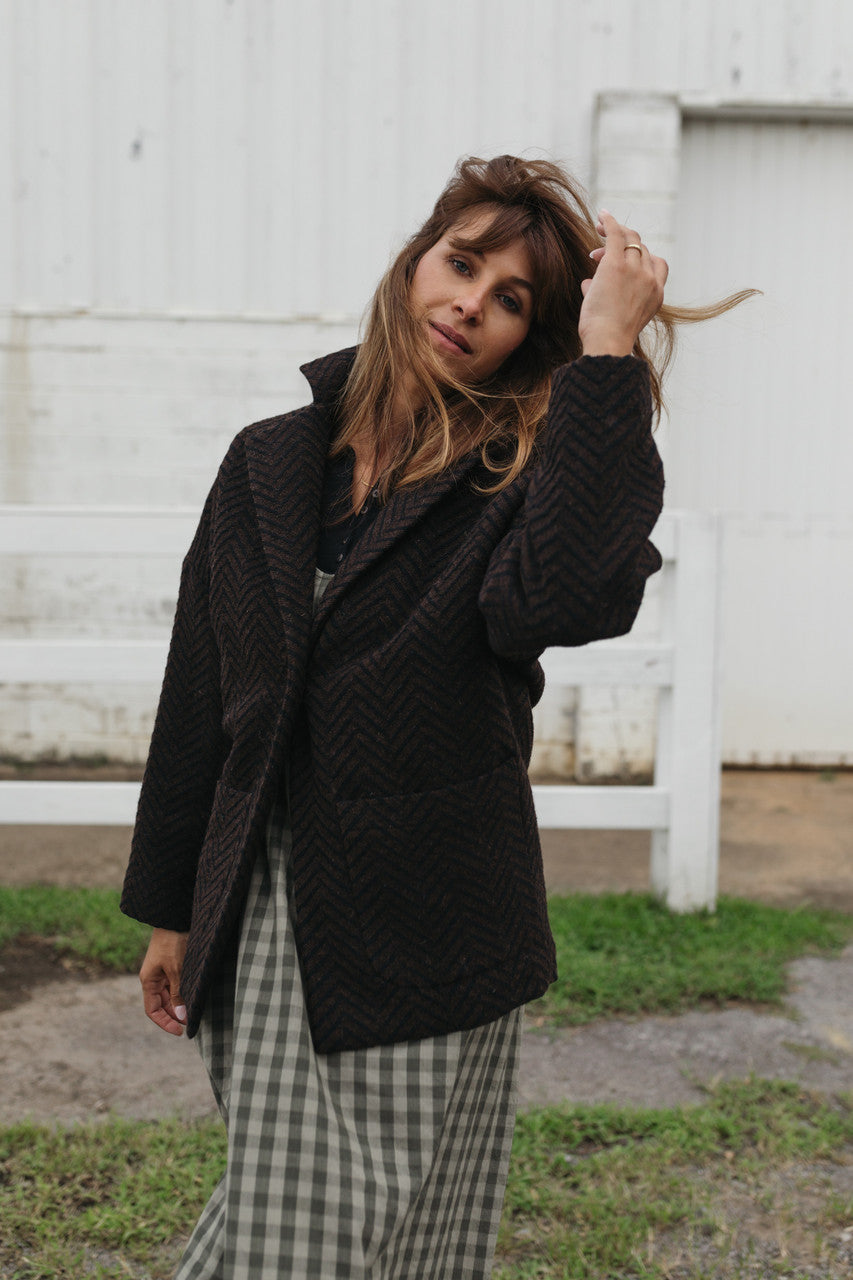Portuguese Wool Pieper Coat in Black and Brown Herringbone Made to Order