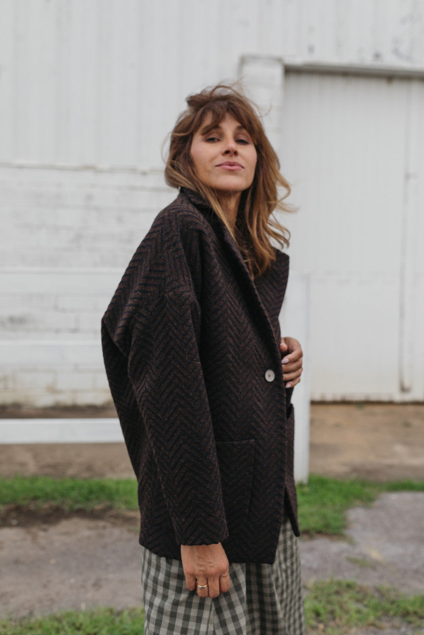 Portuguese Wool Pieper Coat in Black and Brown Herringbone Made to Order