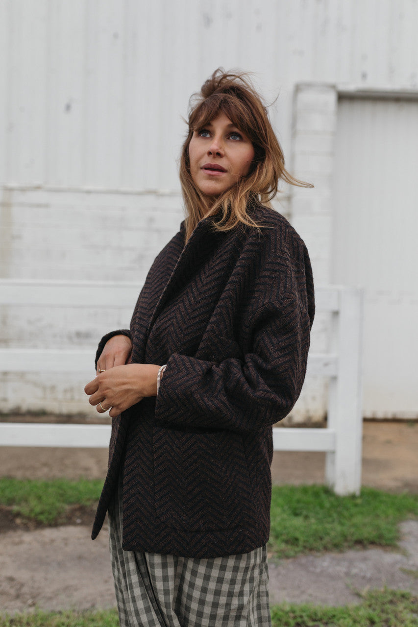 Portuguese Wool Pieper Coat in Black and Brown Herringbone Made to Order