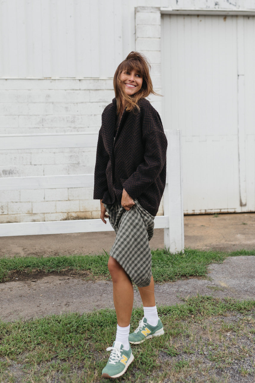 Portuguese Wool Pieper Coat in Black and Brown Herringbone Made to Order