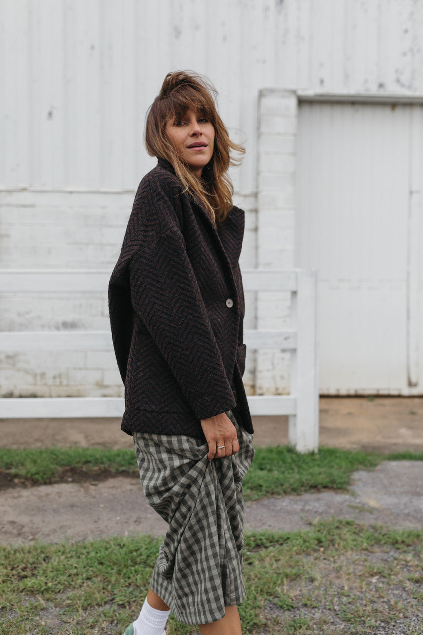 Portuguese Wool Pieper Coat in Black and Brown Herringbone Made to Order