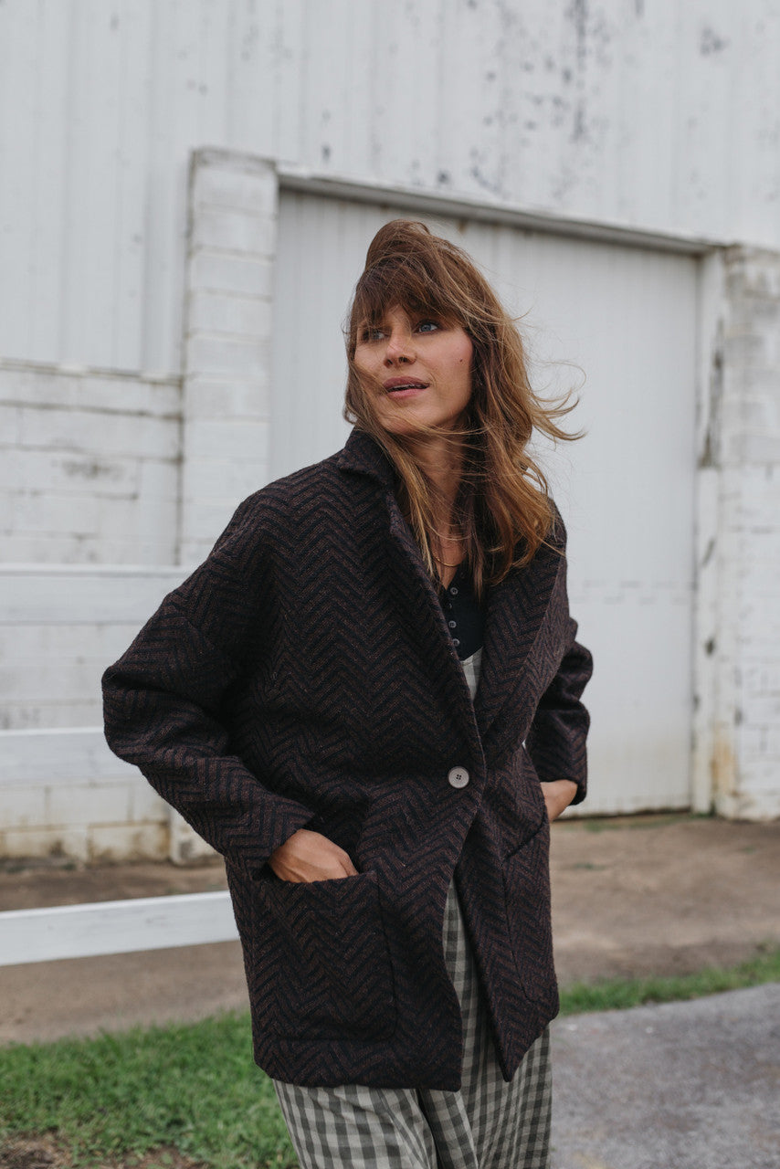 Portuguese Wool Pieper Coat in Black and Brown Herringbone Made to Order